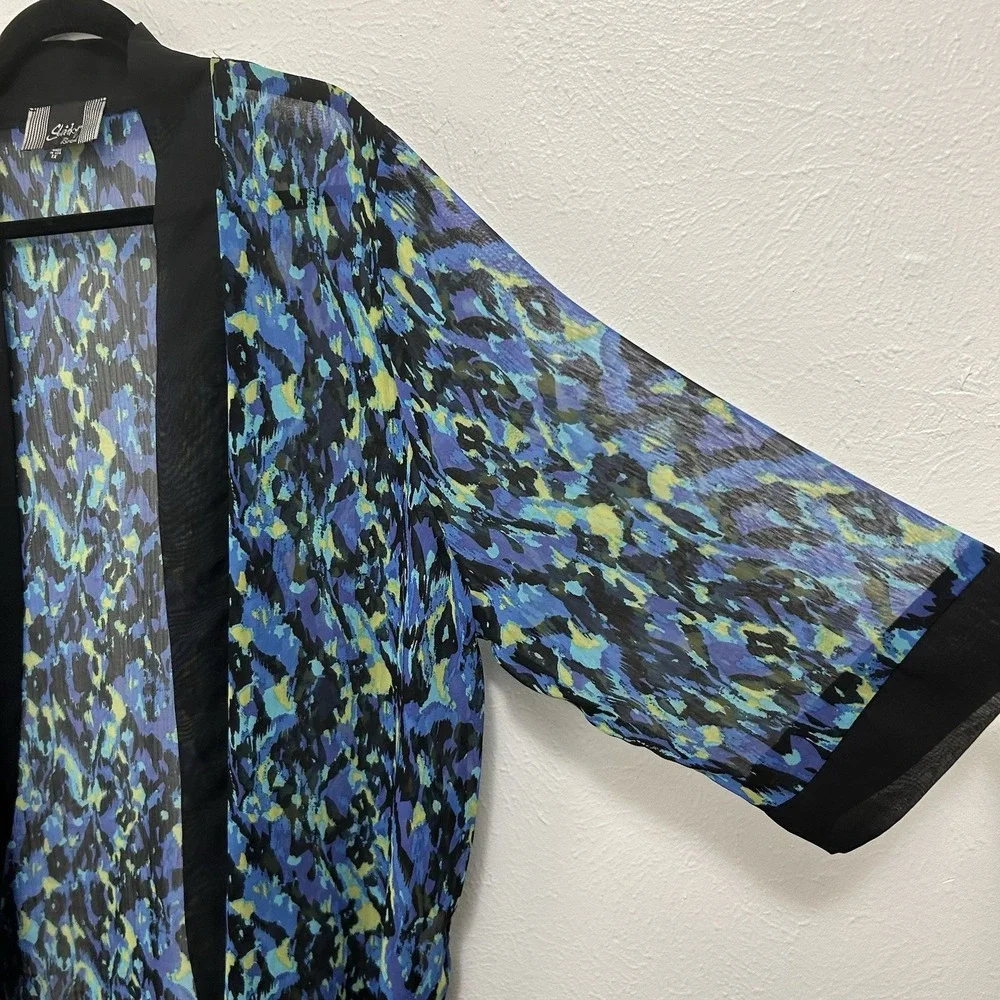 Slinky Brand Blue Multicolor Abstract Semi Sheer‎ Open Kimono Drape Cover Up 1X